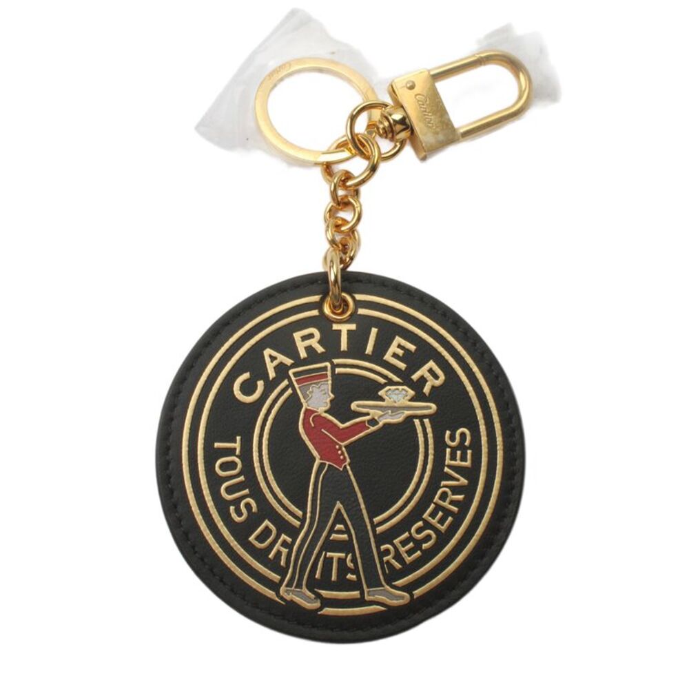 Cartier Unisex Gold Tone Black Leather Diabolo Character Keyring NWOT
